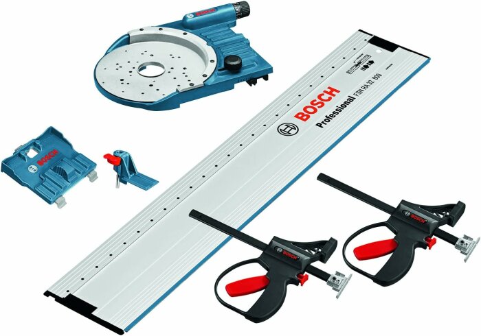 Bosch-verktyg: cirkelsåg, styrskena, klämmor, anslagskloss, anti-splitterskydd, för precisionsarbete inom snickeri eller konstruktion.