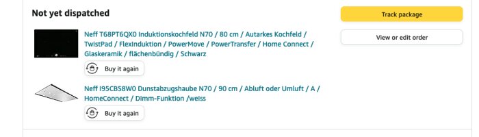 Skärmdump av en onlinebutiksorder: ouppskickade hushållsapparater, induktionshäll och fläkt, köpalternativ synliga.