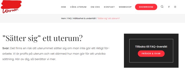 Webbsida med FAQ om uterum, risk för sättning, erbjuder hjälp och mer information.