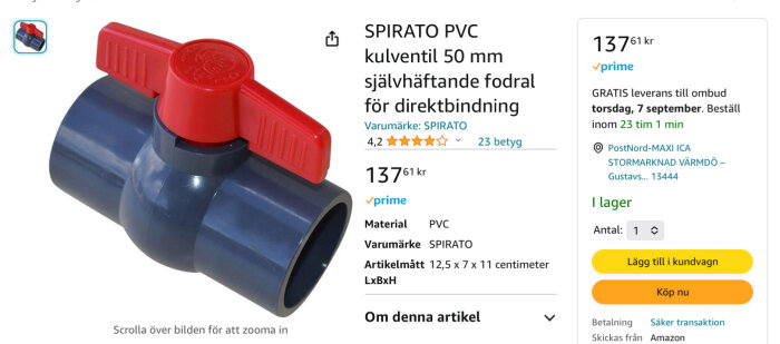 Blå PVC kulventil, rött handtag, webbutikssida, prissättning, köpalternativ, produktbetyg.