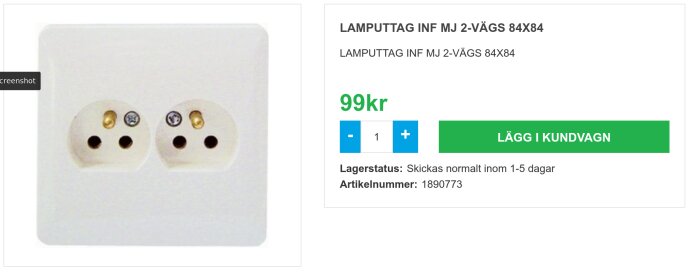 Vit dubbel vägguttag, onlineproduktsida, pris 99 kronor, "lägg i kundvagn" knapp, lagersaldo visas.