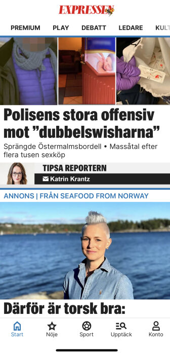 En skärmdump från Expressen, polisrazzia mot brott, reportertips, norsk seafood-reklam och en person framför vatten.