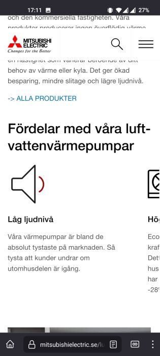 Skärm med text om fördelar med luft-vattenvärmepumpar; låg ljudnivå, effektivitet. Webbplats-interface. Mitsubishi Electric logotyp.