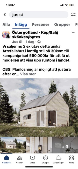 Skärmavbild av social media, försäljningsinlägg för Attefallshus, landskap, annons, husbilder.