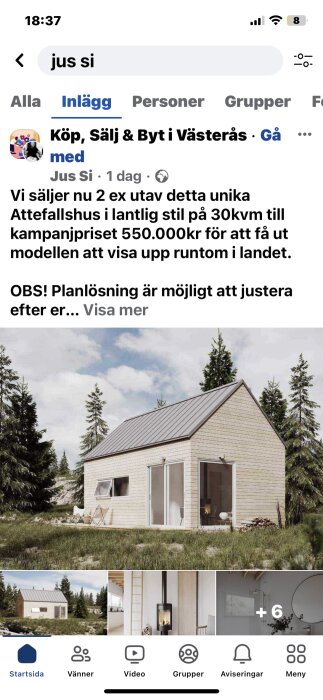 Försäljningsannons för attefallshus, sociala medier, landskap, arkitektur, modern design, naturnära.