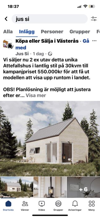 Sociala medier-sida med annonserat attefallshus till salu, lantlig stil, kampanjpris noterat.