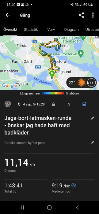 Skärmbild av aktivitetsspårningsapp med karta, promenadstatistik och personlig notering på svenska.