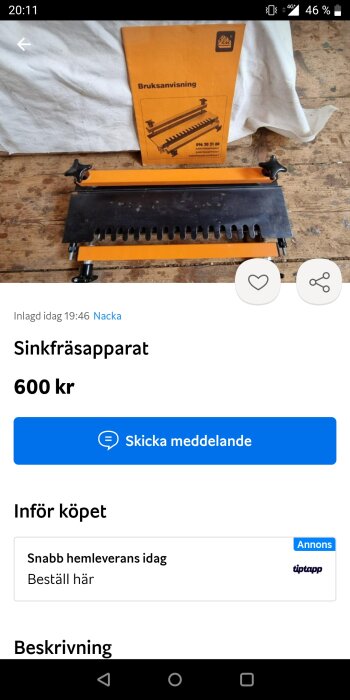 Annonssida för sinkfräsapparat inklusive bruksanvisning, prissatt till 600 kronor, foto taget mot träbakgrund.