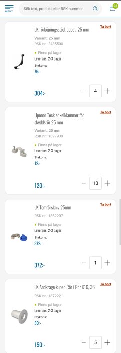 En skärmdump av en webbshop med VVS-produkter: rörstöd, klammer, skruv kopplingar, priser, lagerstatus.
