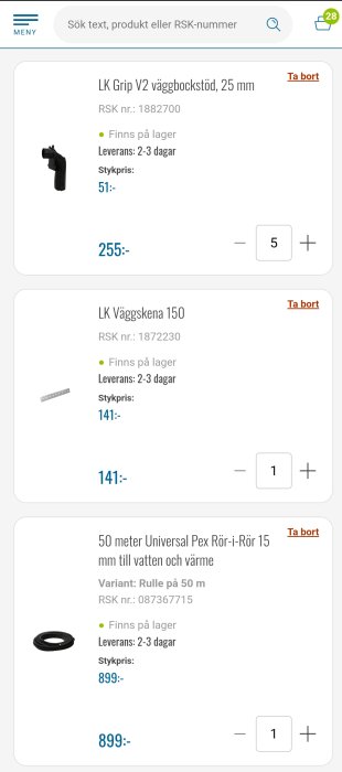 En skärmbild av en online-kundvagn från en butik visar VVS-produkter, lagerstatus och priser.