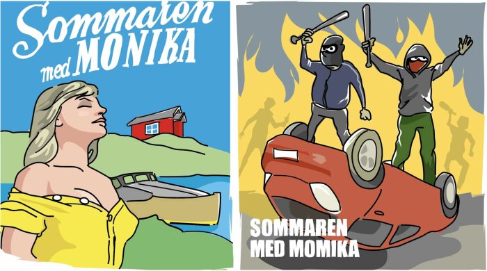 Två illustrationer, kontrast mellan lugn semester och kaotisk bilkrasch med maskerade figurer. "Sommaren med Monika".