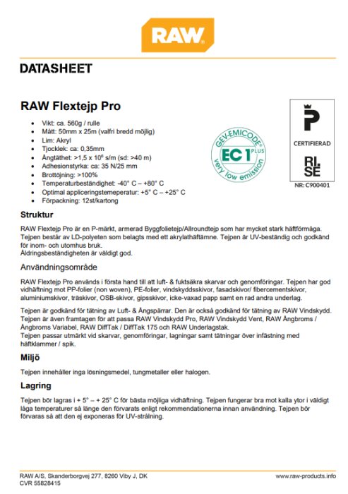 Datablad för RAW Flextejp Pro med produktinformation, tekniska specifikationer och användningsområden på svenska.