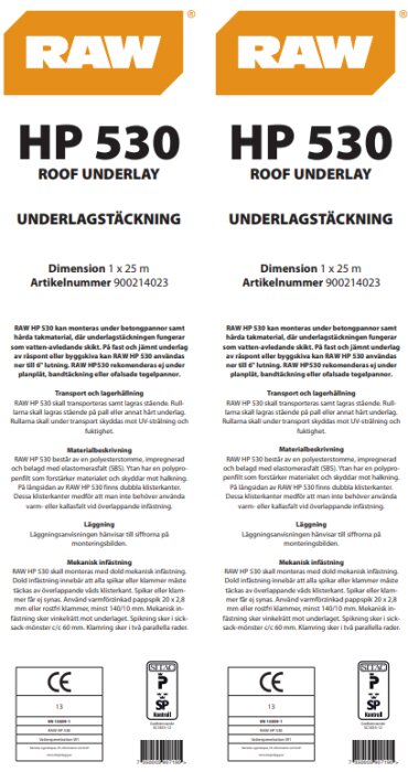 Ett produktinformationsblad för RAW HP 530 underlagstäckning, med tekniska specifikationer och artikelnummer.