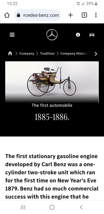 Historisk bil, Benz Patent-Motorwagen, 1885, bensinmotor, banbrytande för moderna fordon. Webbplatsinformation om första automobilens historia.