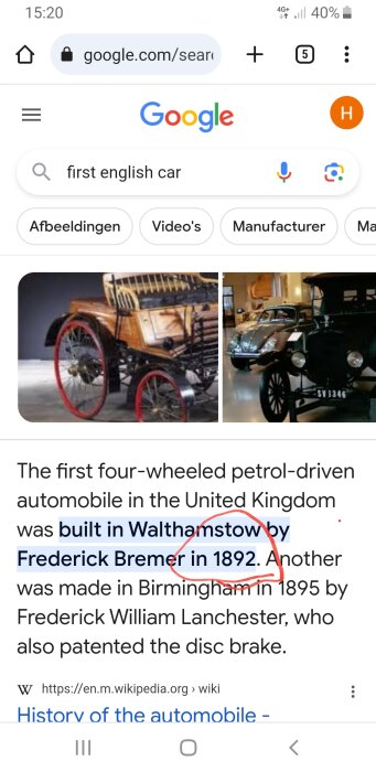 Gamla bilar, mobilskärm med Google-sökning, historisk information om brittiska fordon, Fredrick Bremers skapelse.