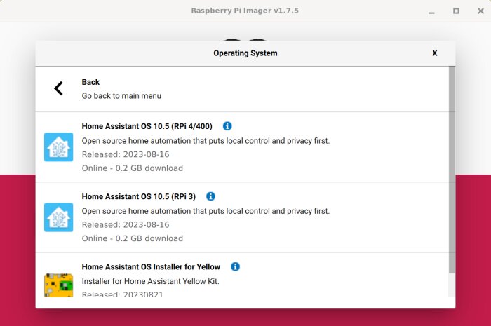 Skärmdump av Raspberry Pi Imager med Home Assistant OS-alternativ.