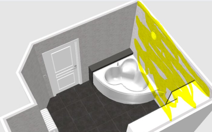 3D-modell av ett badrum med hörnbadkar, solgula väggar, dörr och mörkt golv.