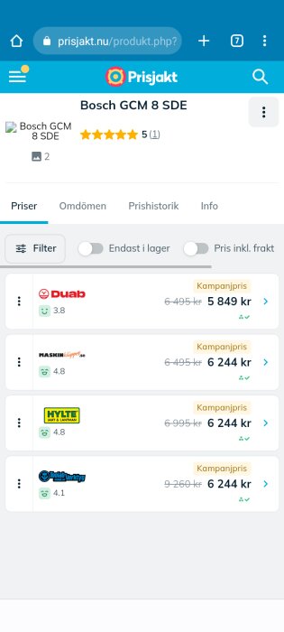 Skärmbild från Prisjakt.se med jämförelse av priser för Bosch GCM 8 SDE.