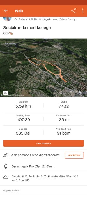 Promenadspårning: 5,59 km, 7432 steg, 385 kcal, Borlänge, mulet väder, Garmin enhet.