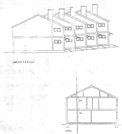 Arkitektoniska ritningar av ett hus med snitt och fasader, dimensioner specificerade, professionellt och tekniskt utförande.