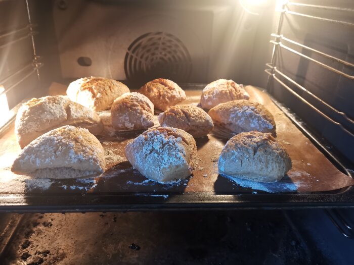 Nybakade bröd i ugn, gyllenbruna och frasiga, ger en varm och hemtrevlig känsla.