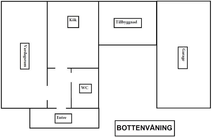 En planritning av en bottenvåning med kök, WC, tillbyggnad, vardagsrum, entré och garage.