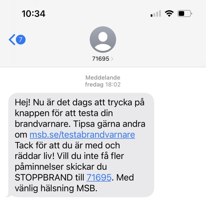 Ett SMS på svenska med anvisningar för att testa brandvarnare och en avregistreringsinstruktion.