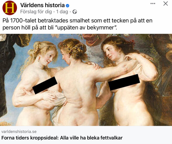 En målning av tre kvinnor från 1700-talet, censurerad, artikel om kroppsideal, historisk kontext.