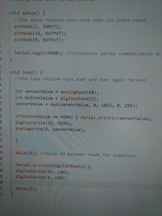 Kodskärm med Arduino-skript, setup-rutin, loop-funktion, seriell kommunikation, analog och digital läsning.