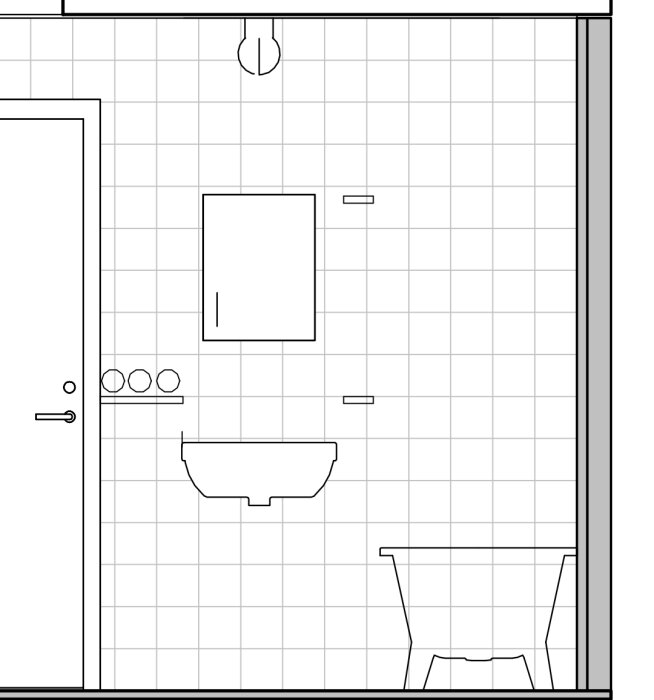 Ritning av badrum med dusch, handfat, spegel, och dörr.