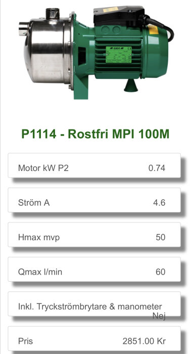 Rostfri cirkulationspump P1114, tekniska specifikationer och pris, saknar tryckströmbrytare och manometer.