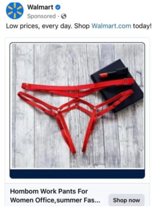 Walmart-annons för dambyxor, röda, felvisande bild liknar underkläder, "Shop now"-knapp, träbakgrund.