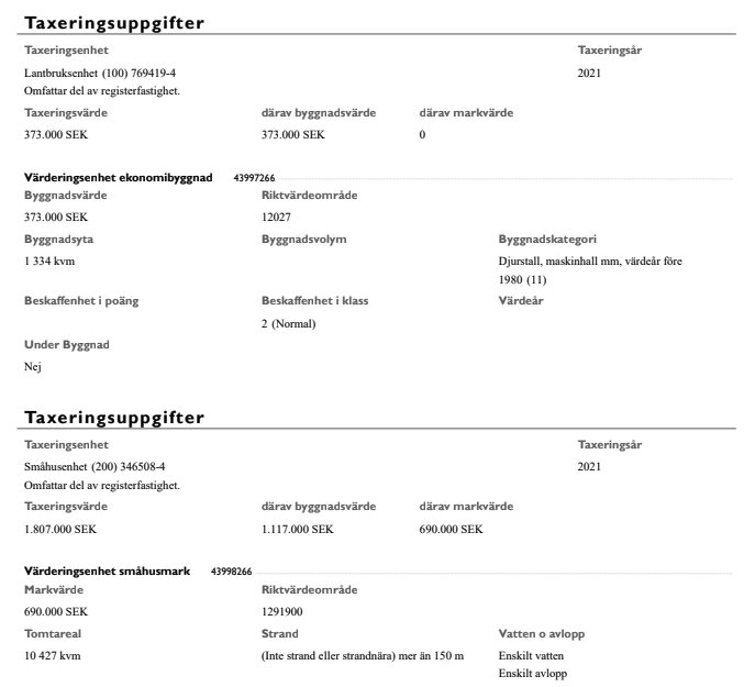 Svensk dokument med taxeringsuppgifter för fastigheter, inkluderar värderingar och beskrivningar från 2021.
