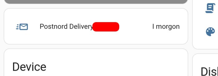 Skärmdump av ett leveransmeddelande, Postnord, information dold, planerad till imorgon.