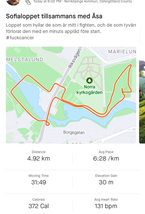Kartbild på löprunda. 4.92 km, tar 31:49 minuter, mot cancer. Röd linje visar rutten.