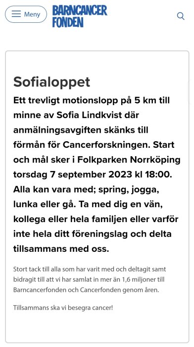 Affisch för "Sofialoppet" motionslopp, 5 km, minne av Sofia, stödjer cancerforskning, Norrköping, alla välkomna, bekämpa cancer.