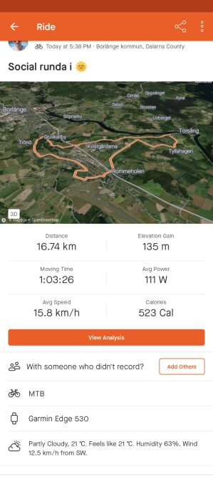 Cykeltur i Borlänge kommun, 16.74 km, 1:03:26 tid, 135 m höjdvinst, 15.8 km/h Fart, 523 kcal, MTB, Garmin Edge 530.