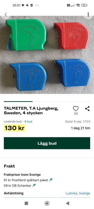 Fyra måttband, olika färger, TALMETER varumärke, online auktion, aktuellt bud 130 kronor.