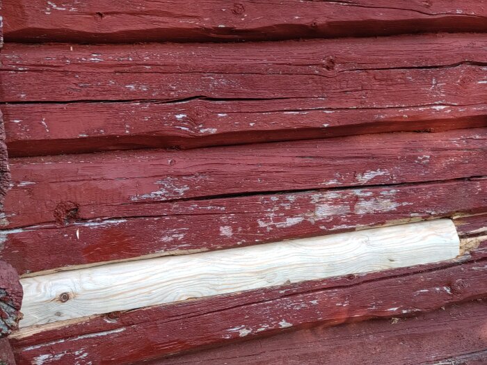Rödmålad trävägg med en ommålad plank, slitet, textur, traditionellt byggnadsmaterial, underhållsbehov.