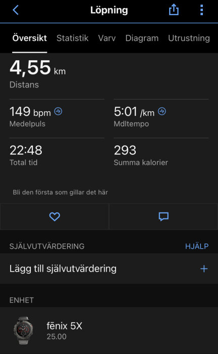 Fitnessapp-skärmdump: löpning, 4,55 km distans, 149 bpm, 5:01/km tempo, 22:48 total tid, 293 kalorier, fenix 5X enhet.