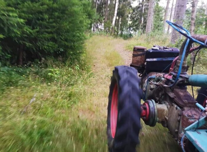 Gammal traktor kör på gräsbevuxen skogsväg, suddig rörelse, träd, natur, landsbygd.