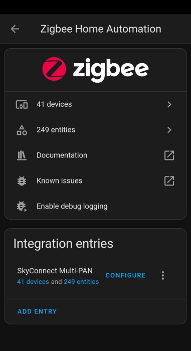 Skärmdump av Zigbee Home Automation app med enheter, entiteter och konfigurationsalternativ.