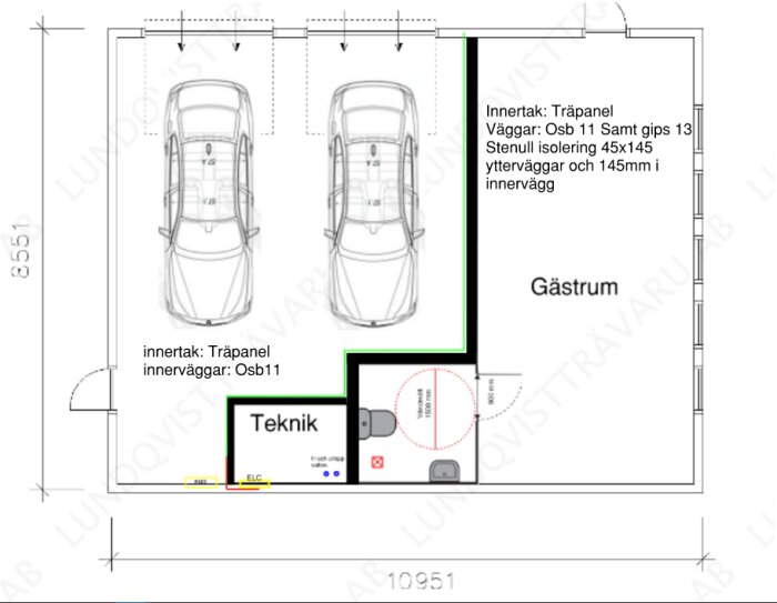 Ritning av ett garage med teknikrum och gästrum, två bilar, måttangivelser och konstruktionsdetaljer.