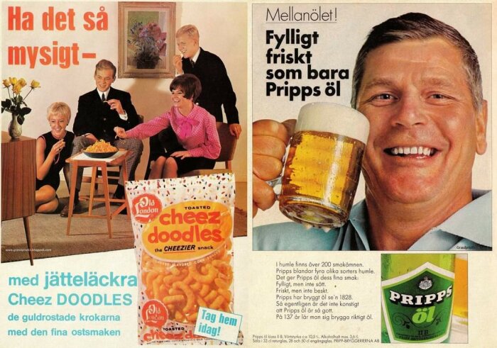 Reklambilder för Cheez Doodles och Pripps öl, glada människor, retrostil, festlig atmosfär, svenska texter.