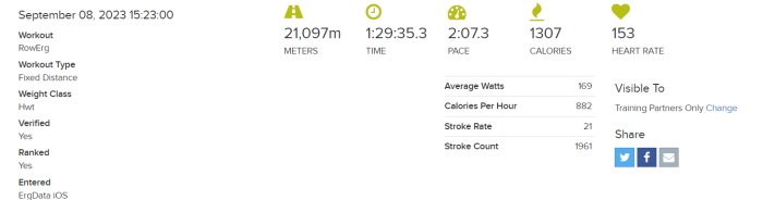 Statistik från roddmaskinspass: distans, tid, tempo, kalorier, pulsfrekvens, watt, kaloriförbränningstakt och antal roddtag.