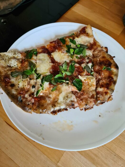 Pizza med smält ost och basilika på ett vitt fat.