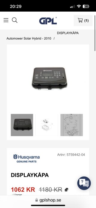 E-handelssida, displaykåpa till Husqvarna Automower, rea, produktdiagram, artikelnummer, prisinformation.
