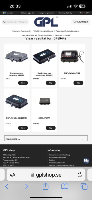 Skärmdump av webbsida som säljer displaylock med tangentbord för Automower, priser i svenska kronor.