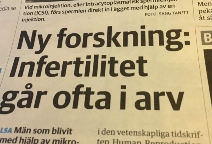 En tidningsartikel om ny forskning rörande arv av infertilitet.