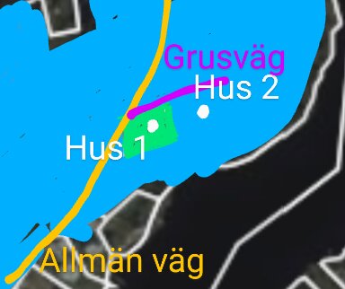 En abstraherad karta med två hus, en grusväg, en allmän väg, och vattenkroppar.